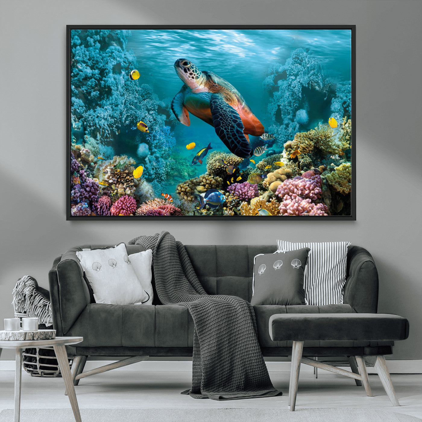 38661-MGV-FC-36X24_Black-Sea Turtle Wall Art Canvas Print, Framed Ocean Wildlife Art Picture Print, Turtle Perfect Coastal Nature Decor Artwork