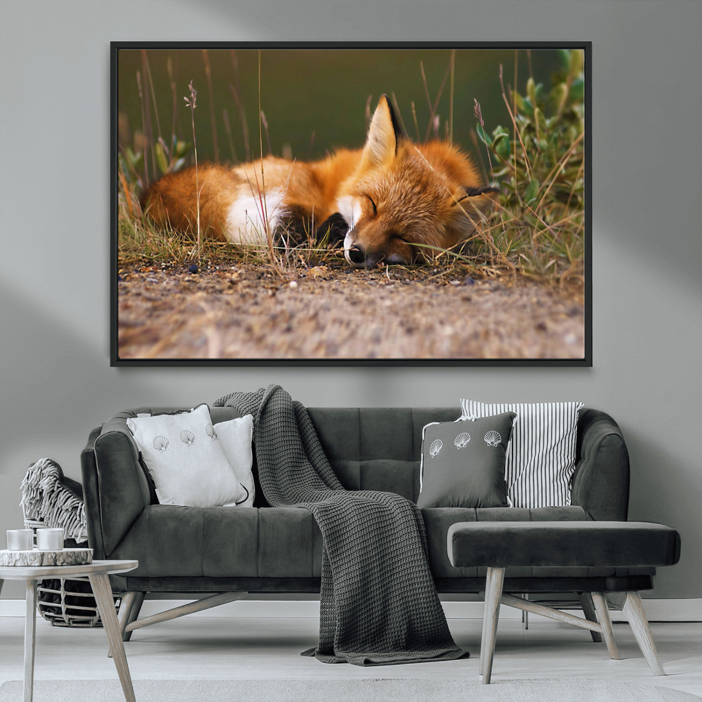 25085-MGV-FC-36X24_Black-Sleeping Fox Wall Art Canvas Print, Framed Rustic Fox Art Picture Print, Wildlife Animal Perfect Rustic Farmhouse Decor Artwork