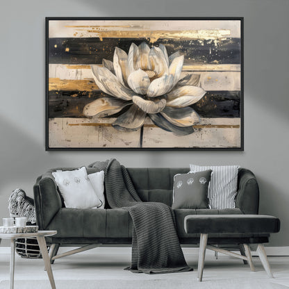 18807-MGV-FC-36X24_Black-Lotus Flower Wall Art Canvas Print, Framed Abstract Lotus Art Picture Print, White Lotus Flower Perfect Abstract Floral Decor