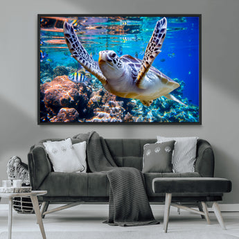 12683-MGV-CV-36X24-Sea Turtle Wall Art – Graceful Ocean Canvas Print with Coral Reef and Tropical Fish, Coastal Marine Life Decor for Beach House,