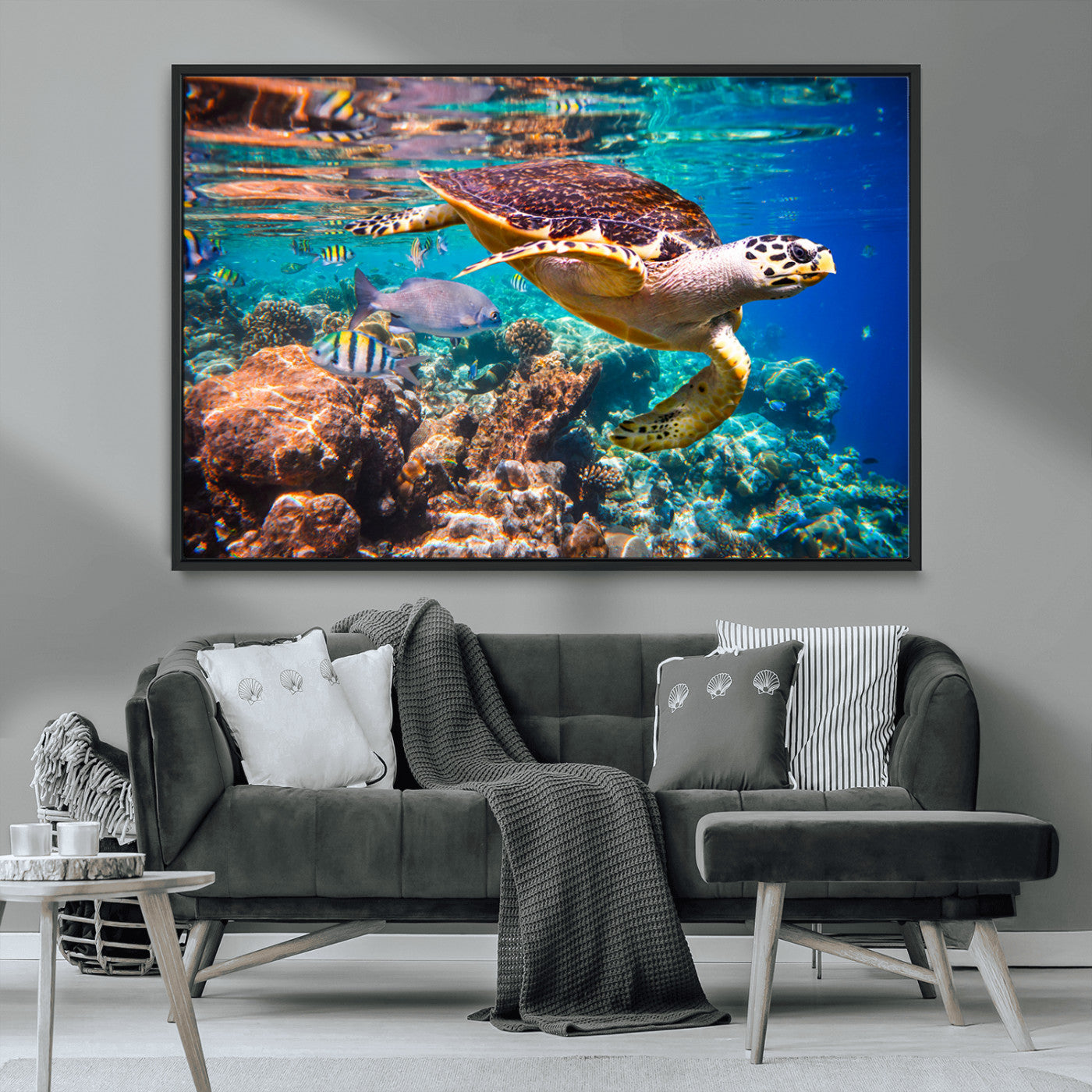 66614-MGV-CV-36X24-Sea Turtle Wall Art – Hawksbill Turtle Swimming Over Coral Reef Canvas Print, Ocean Marine Life Decor for Beach House, Coastal