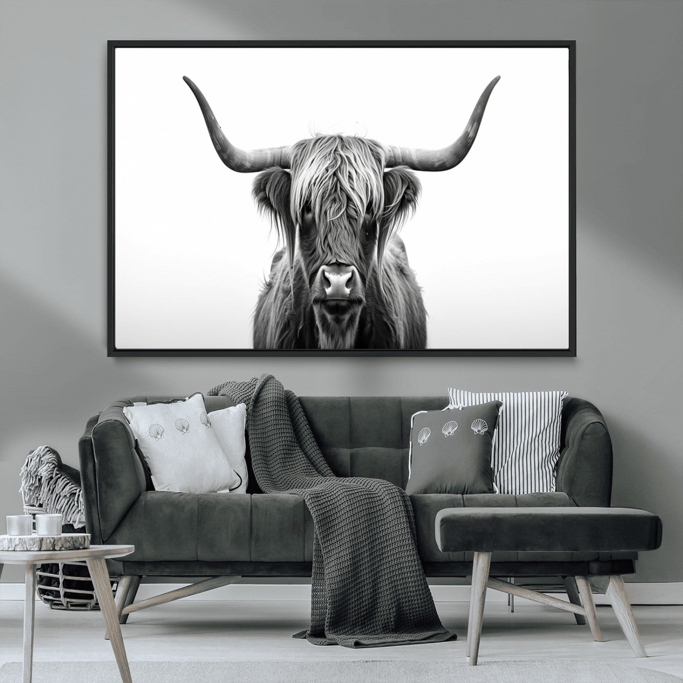 49556-MGV-CV-36X24-Highland Cow Wall Art – Black and White Scottish Highland Cattle Print, Rustic Farmhouse Minimalist Animal Portrait Canvas for