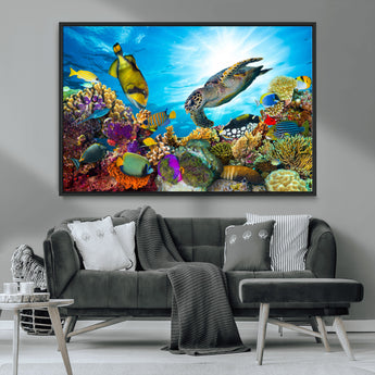 44772-MGV-CV-36X24-Underwater Sea Turtle Wall Art – Vibrant Coral Reef and Tropical Fish Canvas Print, Ocean Marine Life Decor for Living Room,