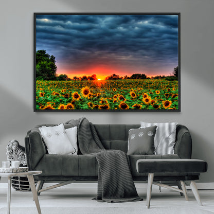45045-MGV-CV-36X24-Sunflower Field Sunset Wall Art – Dramatic Stormy Sky Landscape Print, Vibrant Yellow Floral Nature Canvas for Living Room,