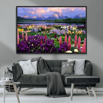 82270-MGV-CV-36X24-Colorful Wildflower Meadow Landscape Wall Art – Snow-Capped Mountain Lake Sunset Print, Vibrant Nature Artwork for Living Room,