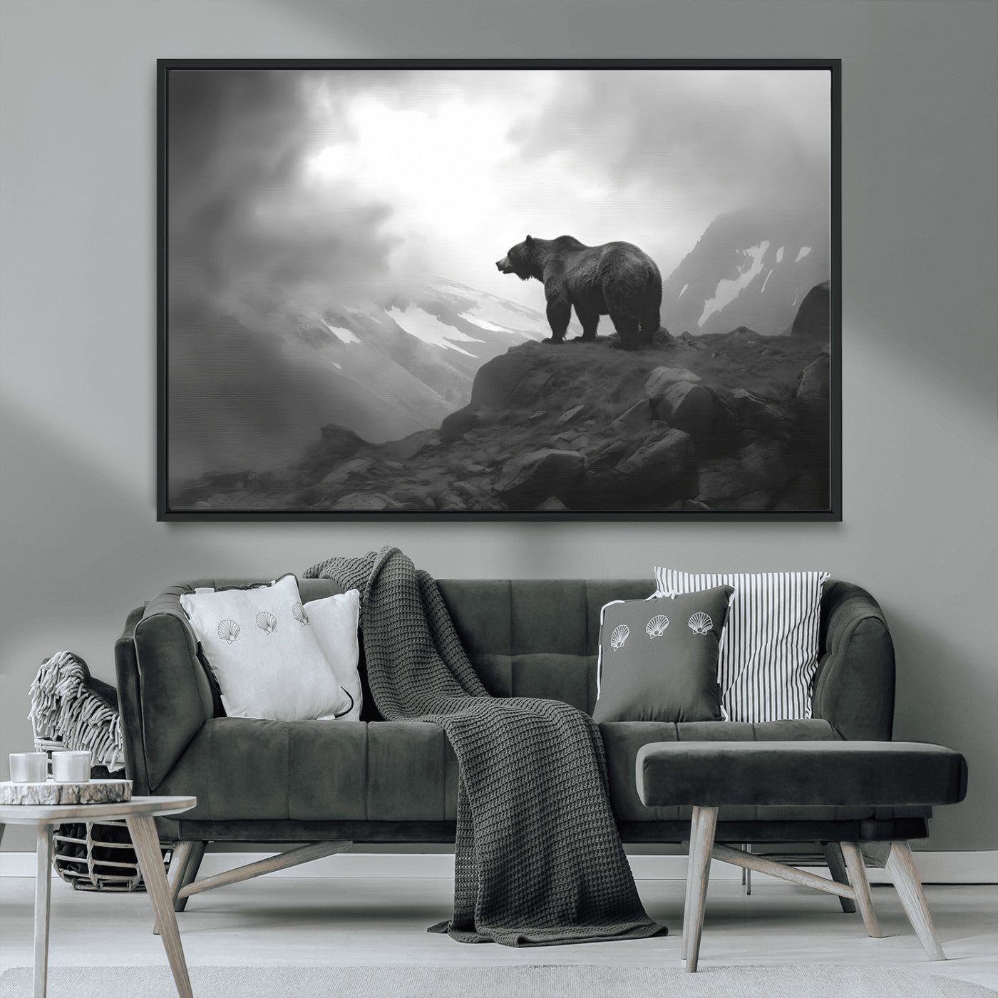 49504-MGV-CV-36X24-Black and White Grizzly Bear Wall Art – Wilderness Wildlife Painting, Rustic Mountain Cabin Decor, Monochrome Animal Print for