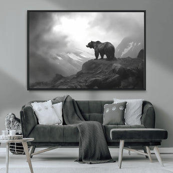 49504-MGV-CV-36X24-Black and White Grizzly Bear Wall Art – Wilderness Wildlife Painting, Rustic Mountain Cabin Decor, Monochrome Animal Print for