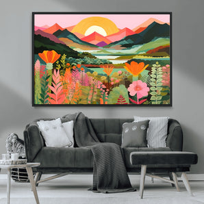 78974-MGV-CV-36X24-Sunset Mountain Landscape Wall Art – Colorful Nature Canvas Print with Flowers and Hills, Vibrant Botanical Artwork for Living