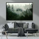 167720496-MGV-FC-36X24_Black-Misty Forest Wall Art – Serene Evergreen Trees Canvas Print, Foggy Mountain Nature Landscape Decor for Bedroom, Living Room or