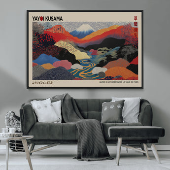 49228-MGV-FC-93X47-3P_Black-Kusama Wall Art – Vibrant Japanese Landscape Canvas Print, Modern Abstract Mountain and River Decor for Living Room, Office or Art
