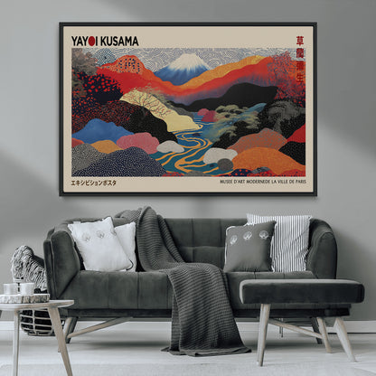 49228-MGV-FC-93X47-3P_Black-Kusama Wall Art – Vibrant Japanese Landscape Canvas Print, Modern Abstract Mountain and River Decor for Living Room, Office or Art