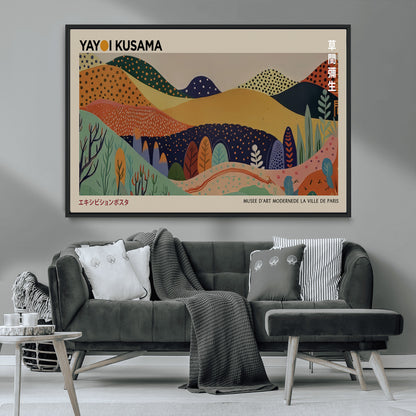 11242-MGV-CV-36X24-Kusama Wall Art – Abstract Colorful Hills Canvas Print, Modern Japanese Inspired Landscape Poster for Living Room, Office or