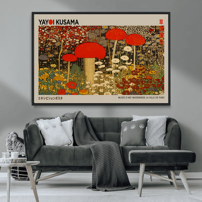 38013-MGV-CV-36X24-Yayoi Kusama Inspired Mushroom Garden Wall Art – Whimsical Botanical Canvas Print, Surreal Nature Poster, Fantasy Floral Artwork