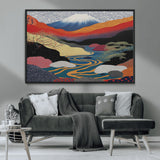 22313-MGV-CV-36X24-Yayoi Kusama Wall Art – Abstract Mount Fuji Landscape Canvas Print, Vibrant Japanese Nature Scene with River, Mountains and Sky