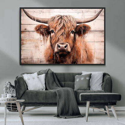 93730-MGV-CV-36X24-Scottish Cow Wall Art Canvas Print, Framed Longhorn Cow Art Picture Print, Highland Cattle Perfect Rustic Farmhouse Decor Artwork