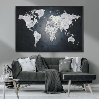 19124-MGV-CV-36X24-Modern World Map Wall Art – Black and White Canvas Print, Minimalist Global Map Decor for Office, Study, Bedroom or Living Room
