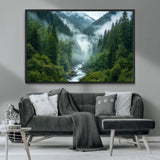69453-MGV-FC-36X24_Black-Mountain Forest Wall Art – Misty River and Evergreen Landscape Canvas Print, Nature Photography Poster for Living Room, Bedroom,