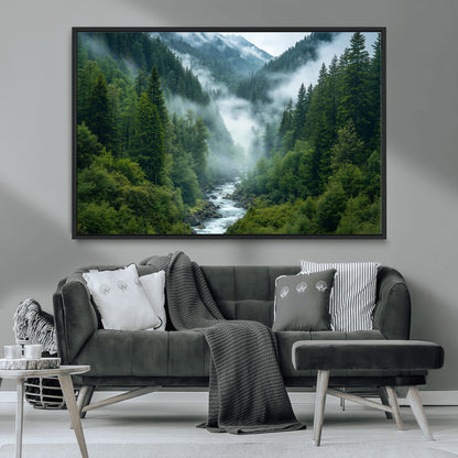 69453-MGV-FC-36X24_Black-Mountain Forest Wall Art – Misty River and Evergreen Landscape Canvas Print, Nature Photography Poster for Living Room, Bedroom,