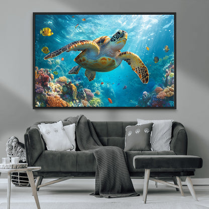 37623-MGV-CV-36X24-Sea Turtle Wall Art – Underwater Ocean Canvas Print with Coral Reef and Tropical Fish, Marine Life Painting Poster for Living