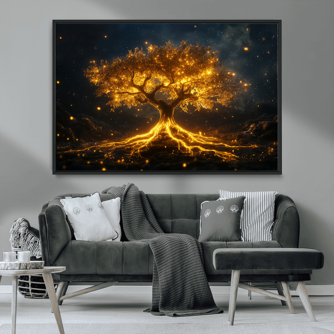 60194-MGV-CV-36X24-Glowing Tree Wall Art – Golden Roots Fantasy Canvas Print, Mystical Illuminated Tree Painting Poster for Living Room, Bedroom,