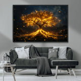 60194-MGV-CV-36X24-Glowing Tree Wall Art – Golden Roots Fantasy Canvas Print, Mystical Illuminated Tree Painting Poster for Living Room, Bedroom,