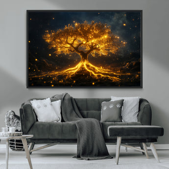 60194-MGV-CV-36X24-Glowing Tree Wall Art – Golden Roots Fantasy Canvas Print, Mystical Illuminated Tree Painting Poster for Living Room, Bedroom,