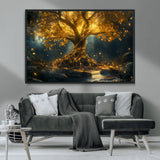 92739-MGV-CV-36X24-Glowing Tree Wall Art – Enchanted Golden Forest Canvas Print, Mystical Illuminated Nature Painting Poster for Living Room,