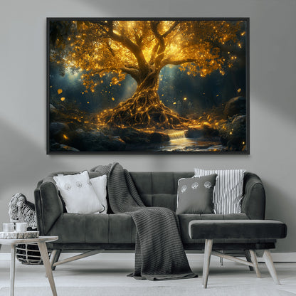 92739-MGV-CV-36X24-Glowing Tree Wall Art – Enchanted Golden Forest Canvas Print, Mystical Illuminated Nature Painting Poster for Living Room,