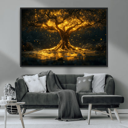 59580-MGV-CV-36X24-Glowing Tree Wall Art – Golden Fantasy Nature Canvas Print, Mystical Illuminated Tree Painting Poster for Living Room, Bedroom,