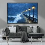 32668-MGV-CV-36X24-Stormy Pier Wall Art – Ocean Waves and Street Lamps Canvas Print, Rainy Night Seascape Oil Painting Poster for Living Room,