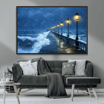 32668-MGV-CV-36X24-Stormy Pier Wall Art – Ocean Waves and Street Lamps Canvas Print, Rainy Night Seascape Oil Painting Poster for Living Room,