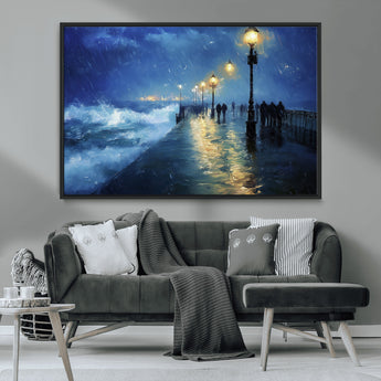 94571-MGV-CV-36X24-Seaside Night Wall Art – Ocean Waves and Street Lamps Canvas Print, Rainy City Pier Oil Painting Poster for Living Room, Bedroom,