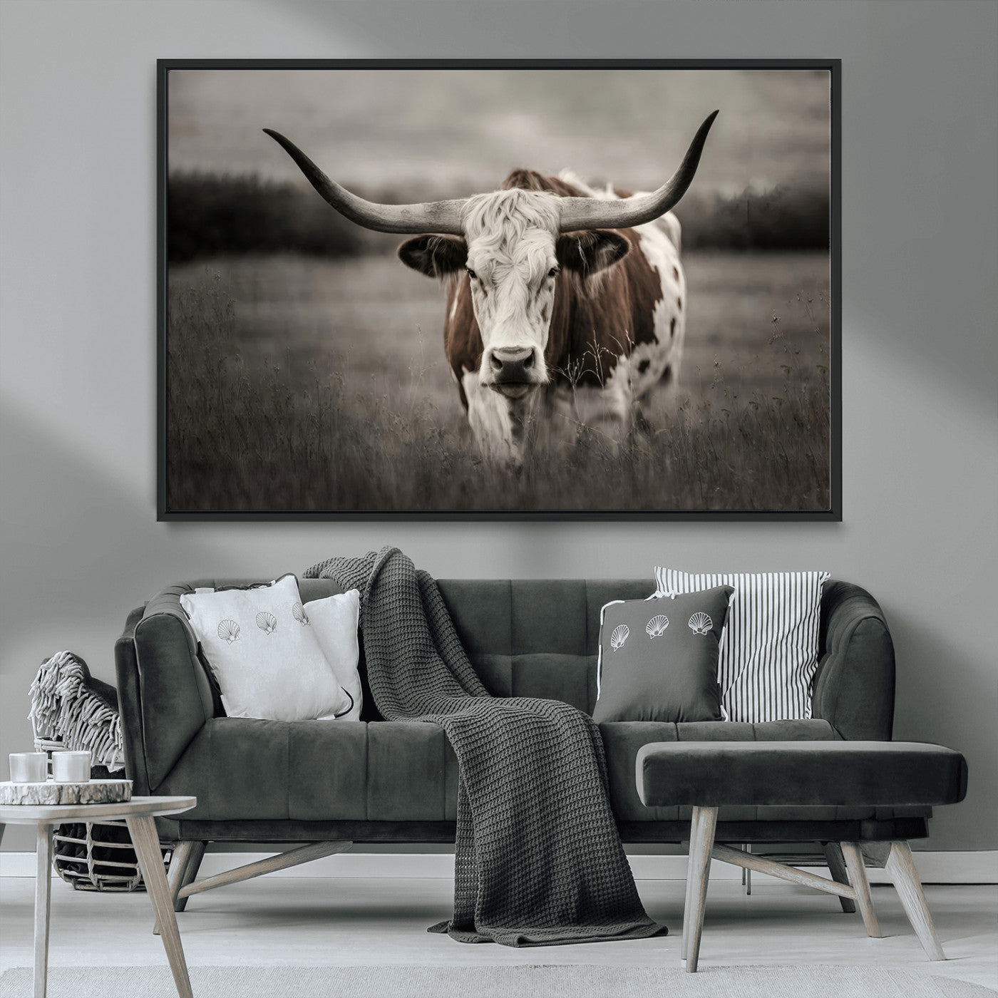 69238-MGV-CV-36X24-Longhorn Bull Wall Art – Rustic Black and White Texas Cattle Canvas Print, Western Farmhouse Animal Photography for Living Room,