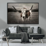 69238-MGV-CV-36X24-Longhorn Bull Wall Art – Rustic Black and White Texas Cattle Canvas Print, Western Farmhouse Animal Photography for Living Room,