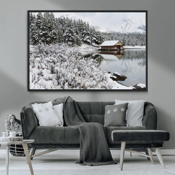 29975-MGV-CV-36X24-Winter Cabin by the Lake Wall Art – Snowy Mountain Landscape Canvas Print, Rustic Lodge Cabin Decor for Cozy Living Room, Bedroom