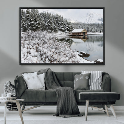 29975-MGV-CV-36X24-Winter Cabin by the Lake Wall Art – Snowy Mountain Landscape Canvas Print, Rustic Lodge Cabin Decor for Cozy Living Room, Bedroom