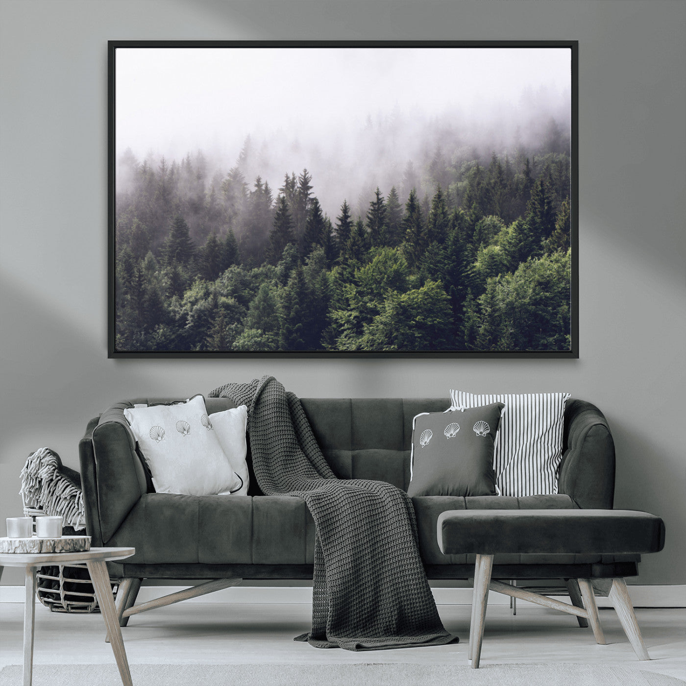 42578900-MGV-FC-36X24_Black-Misty Forest Wall Art – Serene Mountain Pine Tree Canvas Print, Nature Landscape Decor for Bedroom, Living Room, Office or Rustic