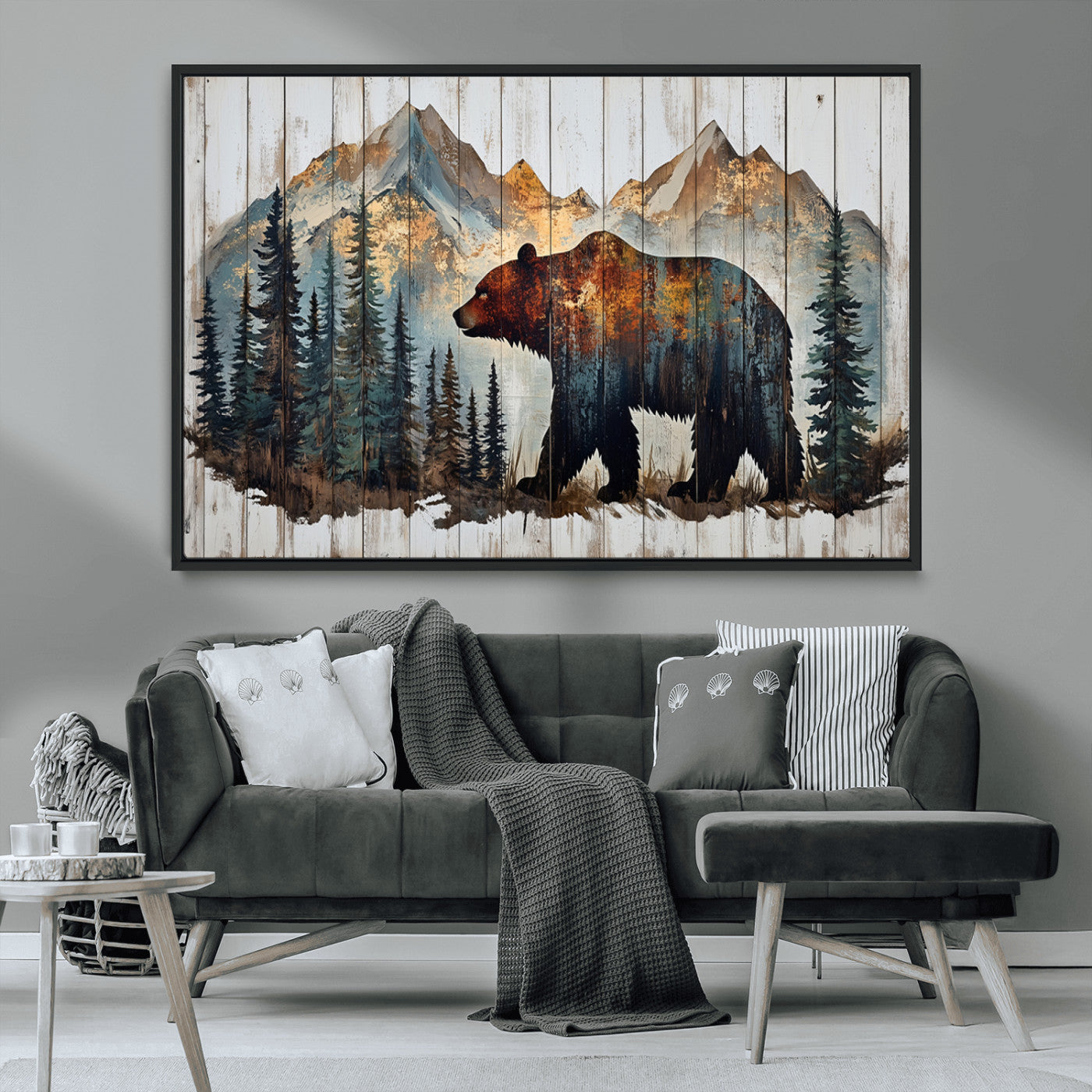 55777-MGV-FC-36X24_Black-Rustic Bear Wall Art Canvas Print, Framed Mountain and Forest Art Picture Print, Wooden Bear Perfect Rustic Lodge Decor Artwork