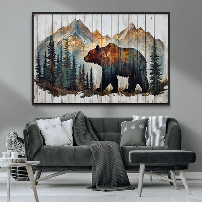 55777-MGV-FC-36X24_Black-Rustic Bear Wall Art Canvas Print, Framed Mountain and Forest Art Picture Print, Wooden Bear Perfect Rustic Lodge Decor Artwork