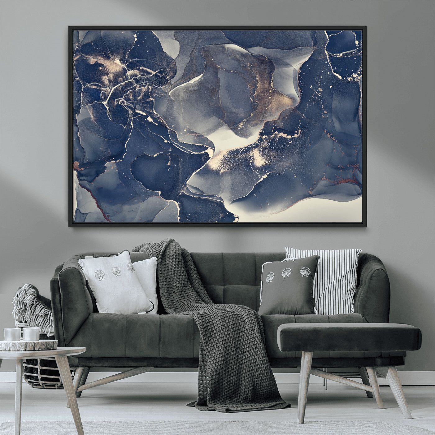 28282-MGV-CV-36X24-Blue Abstract Wall Art – Modern Ink Swirl Canvas Print, Contemporary Navy and Gold Painting for Living Room, Bedroom, Office or