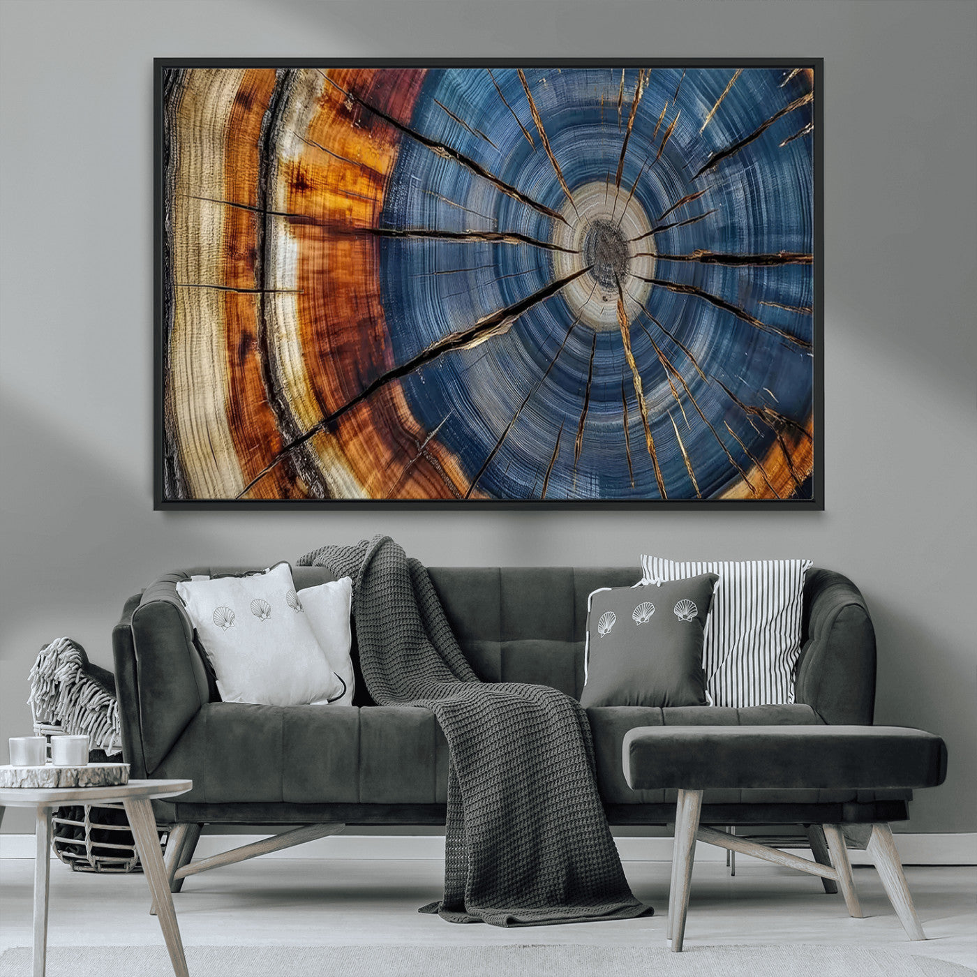 10583-MGV-CV-36X24-Tree Ring Wall Art – Abstract Wood Grain Canvas Print with Blue and Brown Tones, Nature Inspired Rustic Artwork for Living Room,