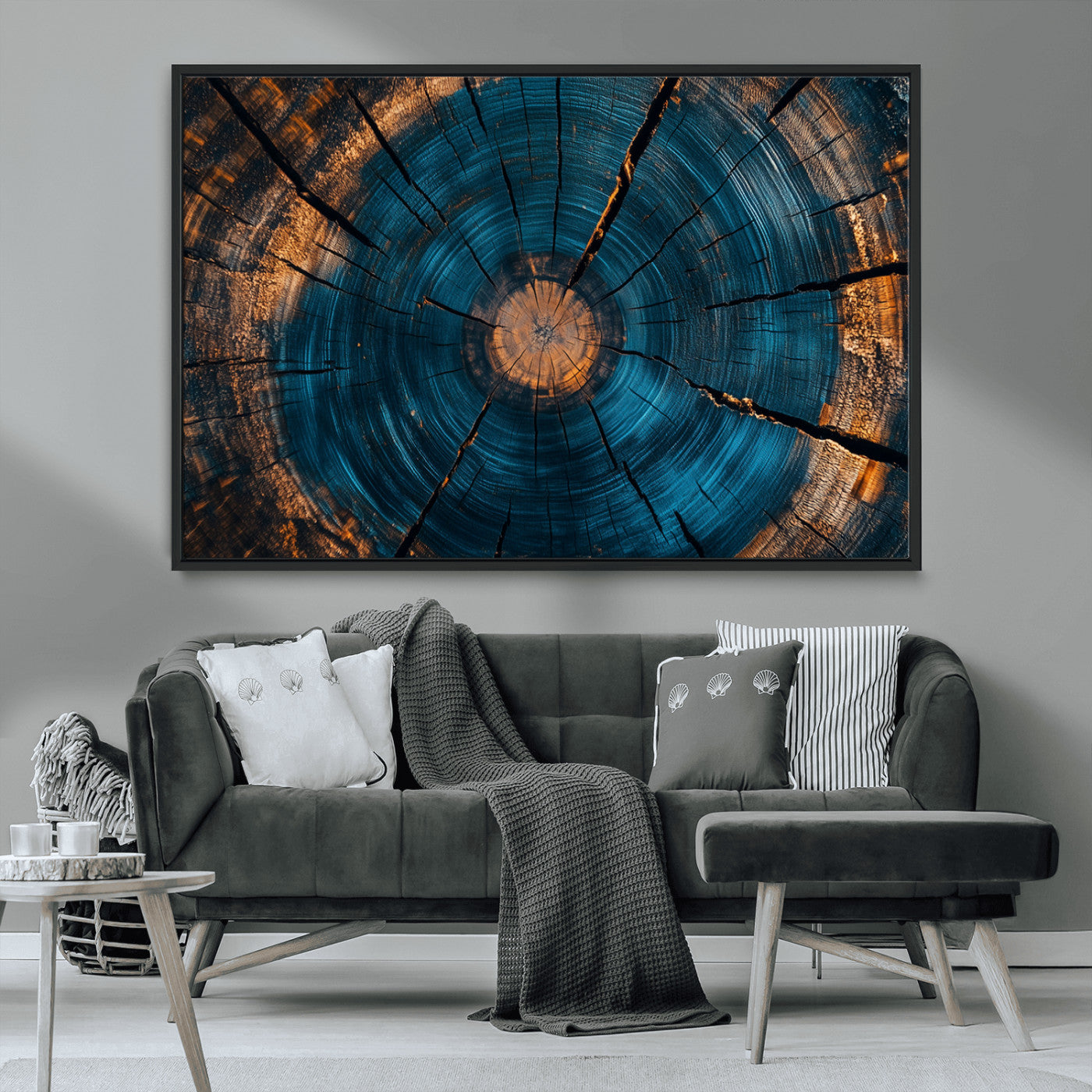 13398-MGV-CV-36X24-Tree Ring Wall Art – Abstract Wood Grain Canvas Print with Blue and Orange Accents, Rustic Nature Inspired Artwork for Living