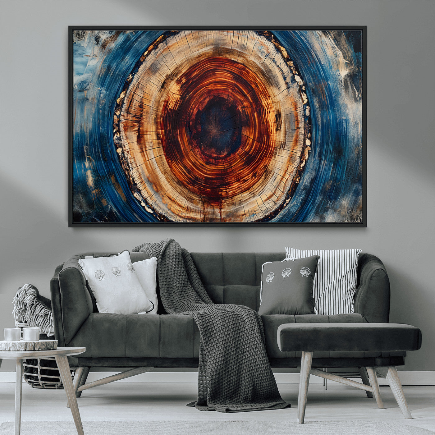 90395-MGV-CV-36X24-Tree Ring Wall Art – Abstract Wood Grain Canvas Print with Fiery Red and Blue Tones, Bold Rustic Nature Inspired Artwork Decor for