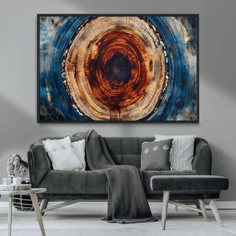90395-MGV-CV-36X24-Tree Ring Wall Art – Abstract Wood Grain Canvas Print with Fiery Red and Blue Tones, Bold Rustic Nature Inspired Artwork Decor for
