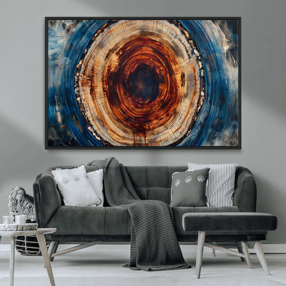 90395-MGV-CV-36X24-Tree Ring Wall Art – Abstract Wood Grain Canvas Print with Fiery Red and Blue Tones, Bold Rustic Nature Inspired Artwork Decor for