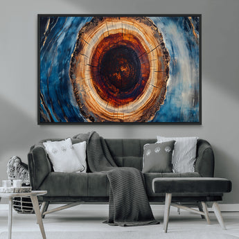 30457-MGV-CV-36X24-Tree Ring Wall Art – Abstract Wood Grain Canvas Print with Brown and Blue Swirl, Rustic Nature Inspired Artwork for Living Room,