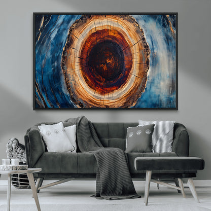 30457-MGV-CV-36X24-Tree Ring Wall Art – Abstract Wood Grain Canvas Print with Brown and Blue Swirl, Rustic Nature Inspired Artwork for Living Room,