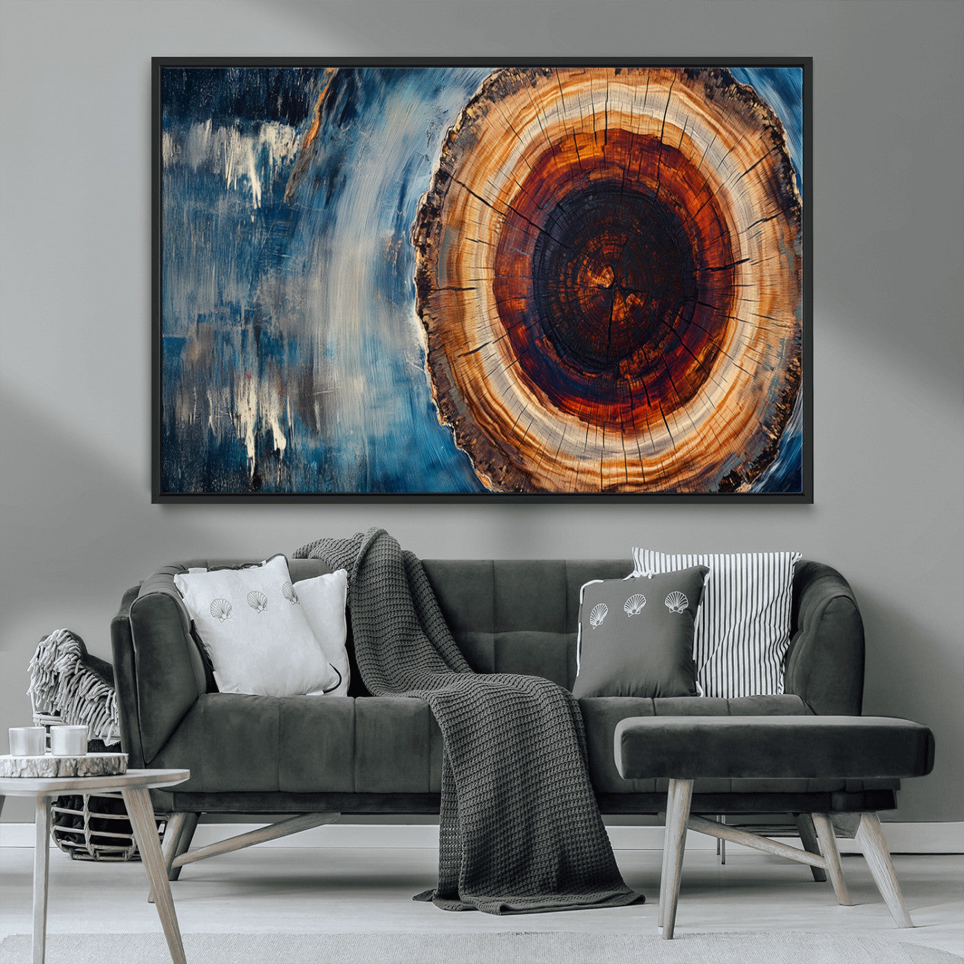 48045-MGV-CV-36X24-Tree Ring Abstract Wall Art – Rustic Wood Grain Canvas Print with Brown Center and Blue Brush Strokes, Nature Inspired Artwork for