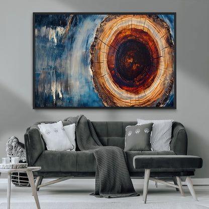 48045-MGV-CV-36X24-Tree Ring Abstract Wall Art – Rustic Wood Grain Canvas Print with Brown Center and Blue Brush Strokes, Nature Inspired Artwork for