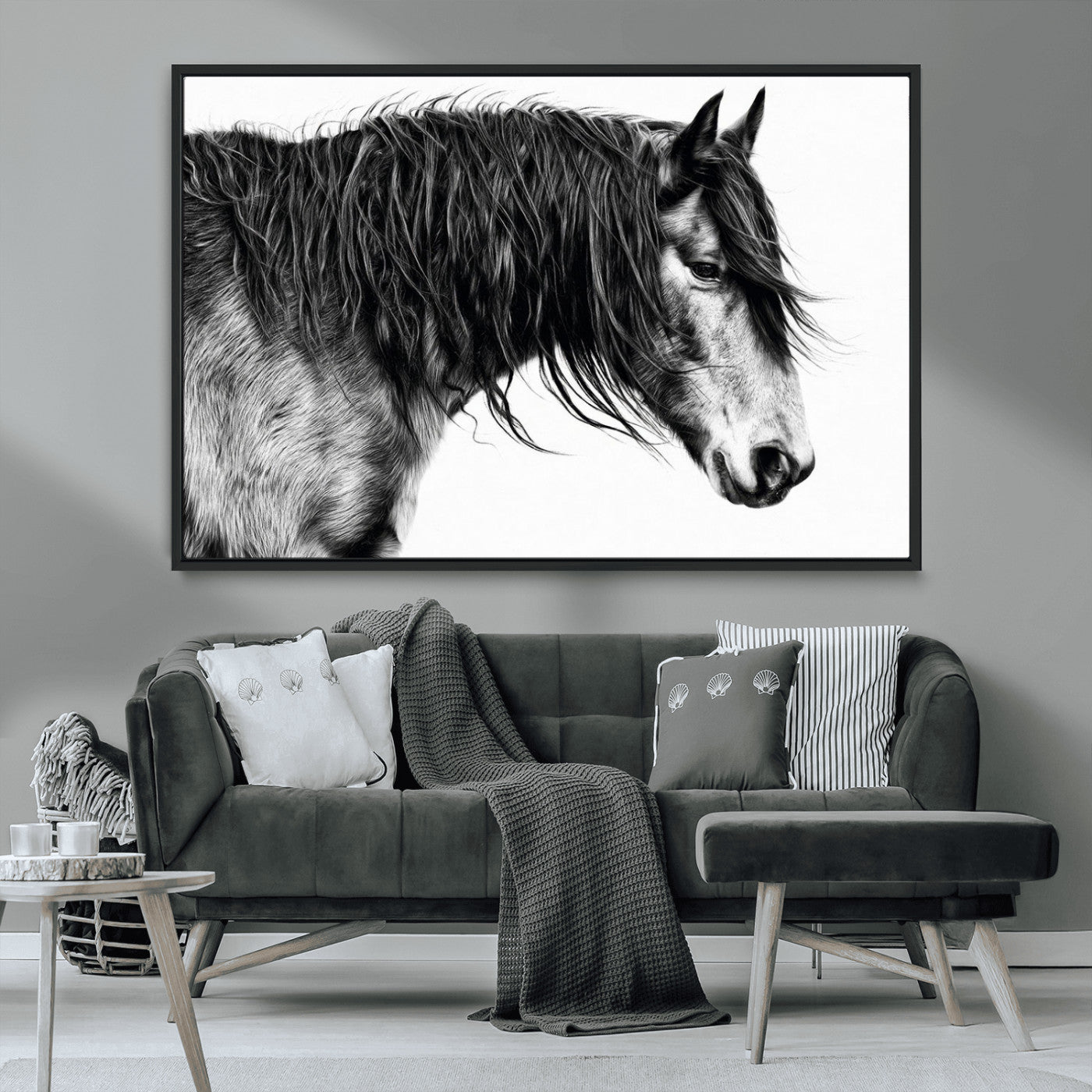 57694-MGV-CV-36X24-Horse Portrait Wall Art – Black and White Canvas Print with Detailed Stallion Profile, Rustic Farmhouse Equestrian Artwork for